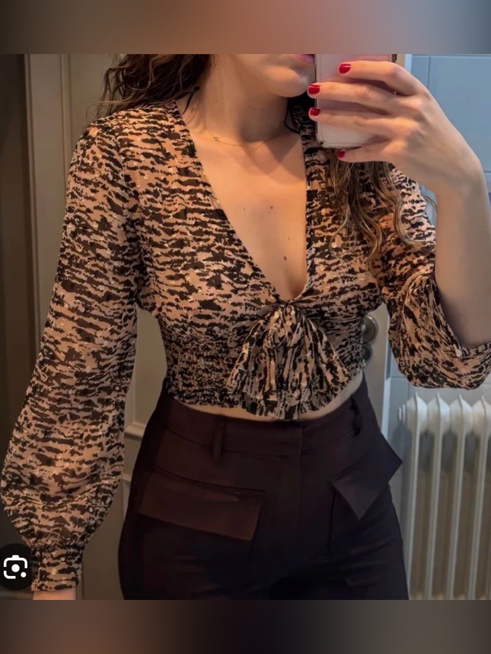 ZARA Black & Pink Patterned Long Sleeve Cropped Top